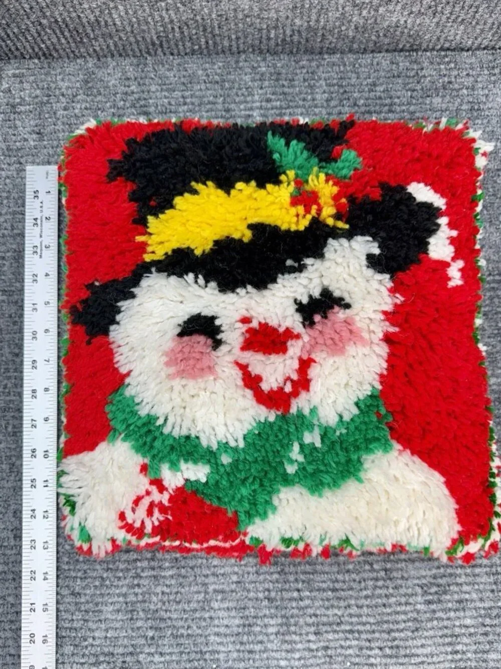Vintage Snowman Latch Hook Throw Pillow Red Christmas 13” x 13” Square Handmade
